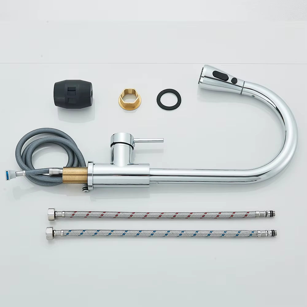 Chrome Kitchen Faucet Deck Mounted Pull Out Spout Kitchen Sink Mixer Tap Single Level Stream Sprayer Nozzle Mixer Tap