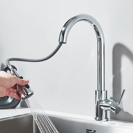 Chrome Kitchen Faucet Deck Mounted Pull Out Spout Kitchen Sink Mixer Tap Single Level Stream Sprayer Nozzle Mixer Tap